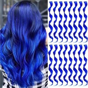 16PCS Curly Wavy Blue Colour Streaks Hairpiece Clip-in Hair Extensions